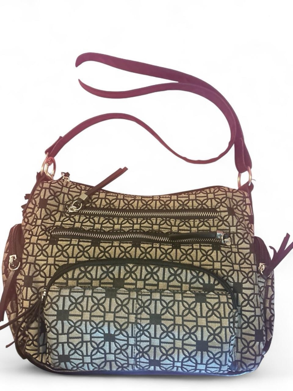 Patterned Crossbody Shoulder Bag in Beige and Black